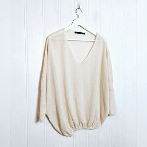 Zara Knit Top Womens Size M Cream Elastic Hem Lightweight Popover Sweater